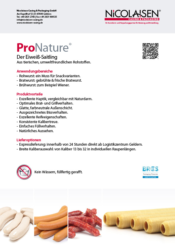 Produktflyer Eiweiß-Saitling ProNature Nicolaisen Casing & Packaging GmbH 2-Seiter